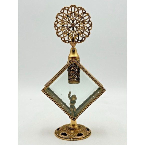 The Unbranded Brand Other - Vintage Brass Filigree Floral Ormolu Perfume Bottle Antique Glass Ornate Vanity
